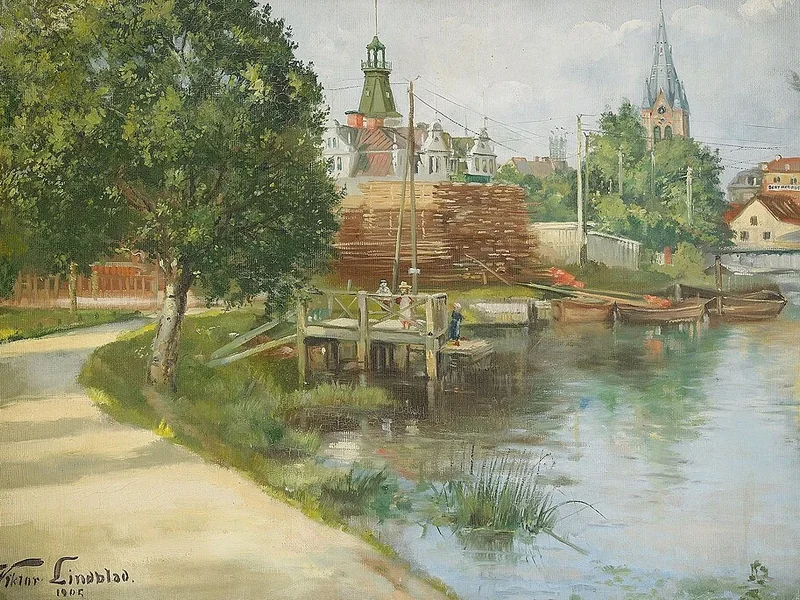 1862-Viktor Lindblad - Cittadina con chiesa e faro - vista sulla spiaggia